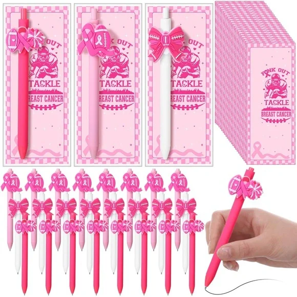 24 Sets Breast Cancer Awareness Football Pink Ribbon Ballpoint Pens With Card - Picture 1 of 2